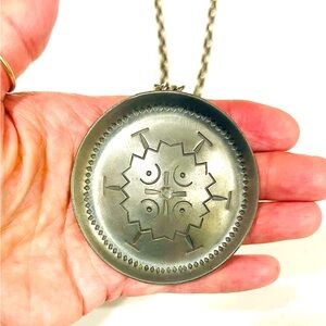 Jorgen Jensen Denmark Pewter Large Modernist Disc Pendant & Chain Necklace,#156s